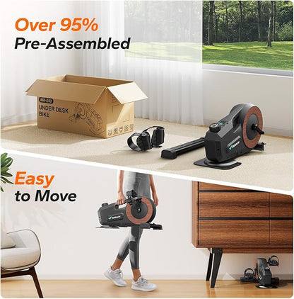 Under Desk Bike Pedal Exerciser, Quiet Magnetic Mini Exercise Bike with MERACH App for Arm, Leg Recovery, Physical Therapy, Smooth Foot Desk Cycle with 2 Resistance Bands & Non-Slip Mat