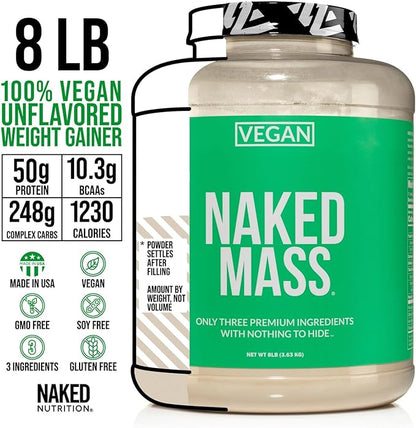 NAKED Vegan Mass - Natural Vegan Weight Gainer Protein Powder - 1,230 Calories, Non-GMO, Soy & Gluten Free, No Artificial Ingredients - 8LB Bulk - 11 Servings