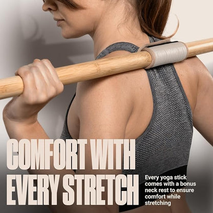 SportBit Bamboo Yoga Stick with Neck Pillow - Collapsible and Portable 5.1FT Mobility Stick and Exercise Stick - Fully Adjustable Yoga Accessories Perfect for Stretching, Posture Correction, Balance