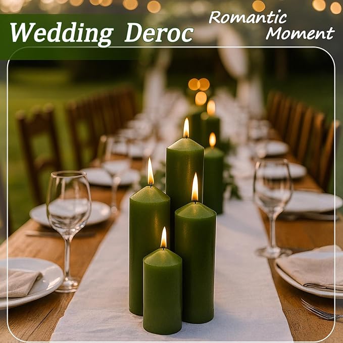 18 Pcs Green Pillar Candles Bulk Set，Hurricane Candlesï¼? Different Lengths (6 Each)，Dripless Unscented Smokeless，Gives You a Better Atmosphere When Organizing Wedding or Event Party.