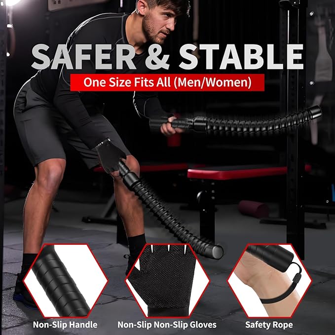 Ropeless Battle Ropes for HIIT Workouts, Cardio & Muscle Training, Low-Impact Cardio Training, Portable Cordless Home Gym Equipment for Men & Women with Non-Slip Gloves