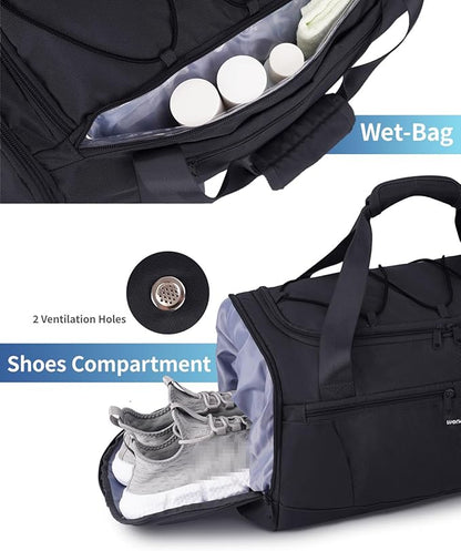 Sportsnew Gym Bag for Men Women with Shoe Compartment Wet Pocket,Yoga Bag with Yoga Mat Holder,Duffel Bag for Travel with Laptop Compartment,Weekender Overnight Carry On Bag(Black Patent Pending)