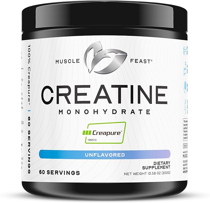 Muscle Feast Creapure Creatine Monohydrate Powder, Vegan Keto Friendly Gluten-Free, Mass Gainer, Muscle Recovery Supplement and Trusted Creatine for Muscle Growth, Creatine Powder, Unflavored, 300g