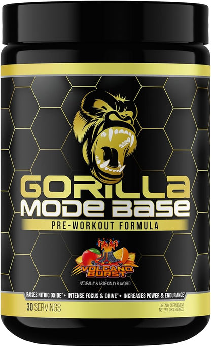 Gorilla Mind Base Pre Workout - Raises Nitric Oxide Intense Focus & Drive Endurance Power - L-Citrulline, L-Tyrosine, Betaine, Alpha-GPC, Caffeine, Huperzine A - 360 Grams (Volcano Burst)