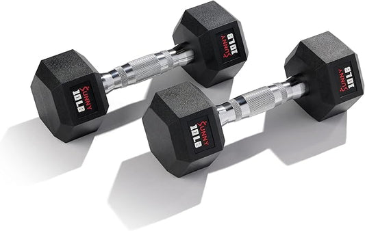 Sunny Health & Fitness Hex Style Dumbbell 5 LBS TO 50 LBS Chrome Handles, Hand Weight for Strength Training, Home Gym, Exercise, Workout Equipment Multiple Size Options