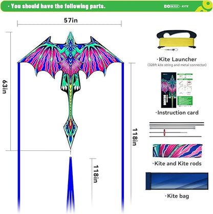 Kite- Classical Dragon Kite ，Pink Wings Dragon Kites for Kids and Adults,Easy to Fly for Beginner Easter 57.1inch x 63inch Single Line with Tail, for Family Outdoor Games and Activities