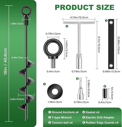 Ground Anchors Heavy Duty Tent Stakes 18 Inch Swing Set Anchors Kit Screw in Fully Welded Spiral Earth Anchors Trampoline Stakes High Wind Metal for Shed Tent Carports Securing Animals Camping 4Pcs