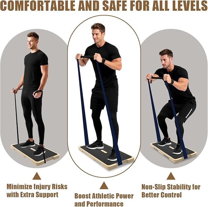 2-in-1 Wood Fitness Board, Resistance Band Workout Footplate and Professional Wooden Balance Board, Exercise Platform with Non-Slip Surface for Stretching, Strength, Flexibility and Balance for Total Body Home Gym