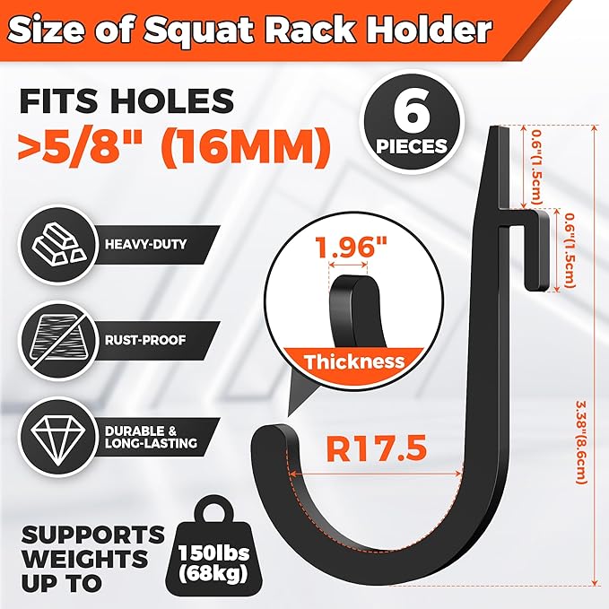 J Hooks for Squat Rack,Squat Rack Attachments for Home Gym Storage,Portale Power Rack Accessories, J-Hook Storage Rack Holder for Resistance Bands, Barbell Collars and Gym Accessories-6PCS