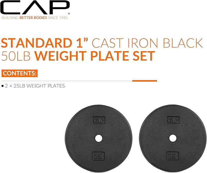 CAP Barbell Standard 1-Inch Cast Iron Weight Plates - Singles & Sets | 1.25-50 lbs | Multiple Options