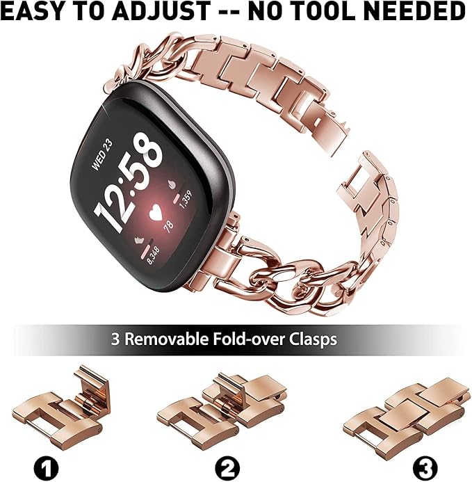 Cool Women Chain Metal Smartwatch Bands Compatible for Fitbit Sense/Fitbit Versa 3 Bands for Dressy Women, Metal Wristband Strap for Fitbit Sense 2/Versa 4 (Rose Gold)