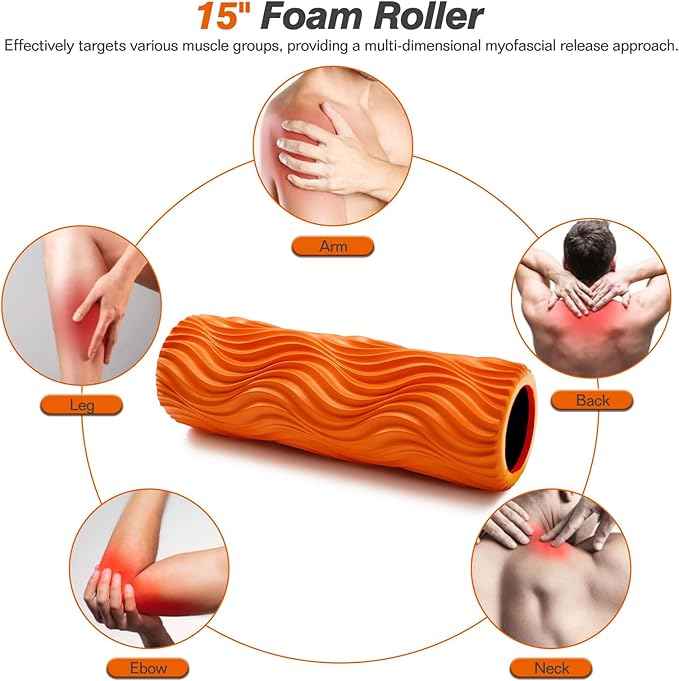 5 in 1 Foam Roller Set - Trigger Point Foam Back Roller, Muscle Roller Stick, Massage Ball, Stretching Band for Deep Muscle Massage Pilates Yoga,Fitness Exercise for Whole Body Release (Orange)