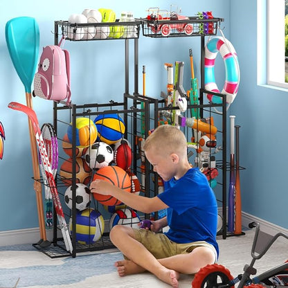 Sports Equipment Organizer, Small Garage Ball Storage Rack with Elastic Straps and 3 Hooks, Garage Organization Storage Rack for Balls and Sports Equipment, Toy Organizer Stand for Room, Gym, Black