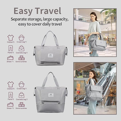 Expandable Travel Duffel Tote Bag - Foldable Overnight Weekender, Carry-On, Swim & Gym Bag - Fits Spirit Airlines Personal Item Size - Lightweight, Waterproof & Durable with Trolley Sleeve,Grey