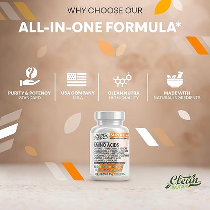 Clean Nutraceuticals Amino Acids Supplement L-Lysine, L-Threonine, L-Leucine, Isoleucine, Valine, L-Histidine, L-Tryptophan, L-Methionine, L-Arginine, L-Cysteine, L-Glutamine, L-Serine, Aspartic Acid