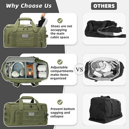ZOMFELT Tactical Gym Bag for Men, 3-in-1 Travel Duffle Bag with Removable Dividers & Innovative Shoe Compartment, Waterproof MOLLE Travel Backpack, Airplane Carry-On Approved Workout, Outdoor, Green