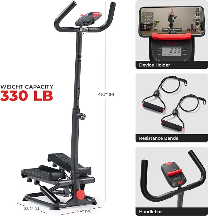 Sunny Health & Fitness Total Body 2-in-1 Smart Stepper Machine for Home with Handlebar and Resistance Bands, Total Body Workout, Adjustable Hydraulic, LCD Monitor, Non-Slip Pedals – 330 LB Max Weight