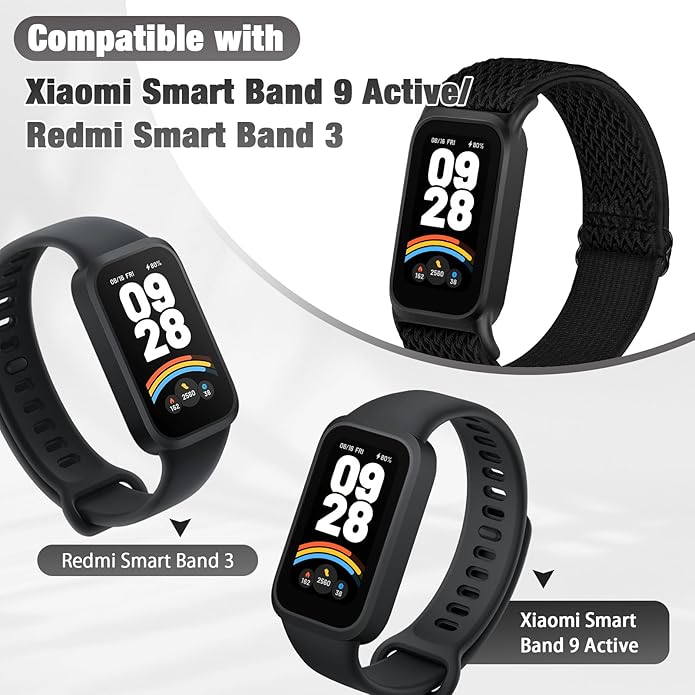 2 Pack Elastic Bands Compatible with Xiaomi Smart Band 9 Active Women Men, Soft Nylon Replacement Sport Wriststrap for Redmi Band 3