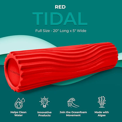 Oceanfoam Tidal Roller - Red - Muscle Massage Foam Roller for Back Pain & Stretching - Firm and Ergonomic Wide Wave Textured - Yoga, Athletics, & Wellness - Full Size, 20" x 5"