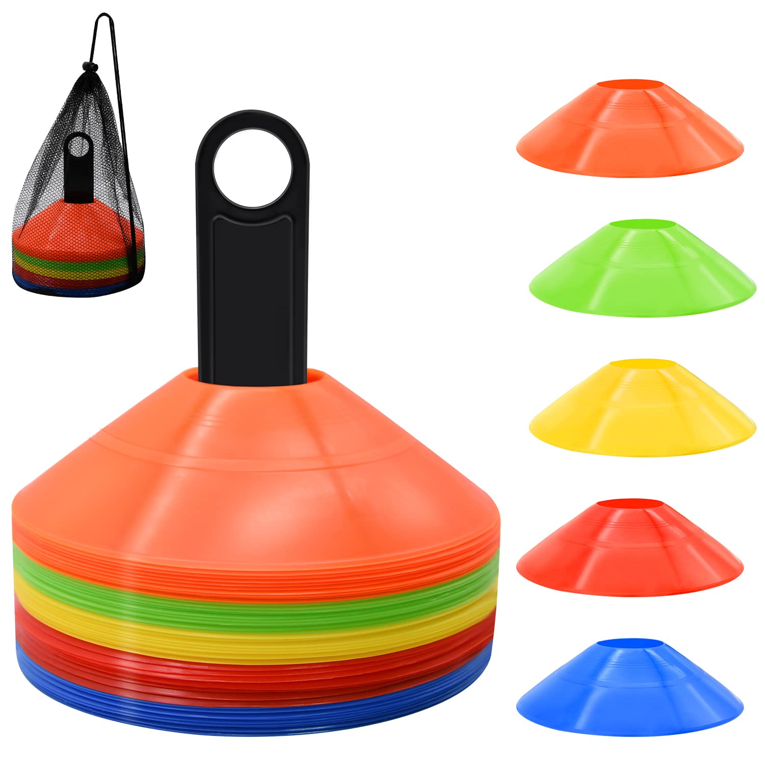 50 Pack Disc Cones, Agility Soccer Cones with Carry Bag and Holder, 5 Color