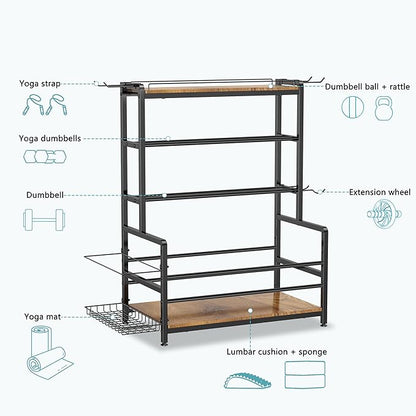 Gym Home Equipment Weight Rack – 3‑Tier Workout Storage Stand for Dumbbells & Kettlebells, Medicine Ball Holder, 460 lb Steel Organizer with Yoga Mat Basket, Hooks, Adjustable Feet, 24 x 16 in