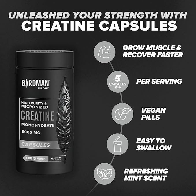 Micronized Creatine Monohydrate Capsules for Muscle Growth & Recovery, Pre & Post Workout, Vegan Creatine, Caffeine Free, Gluten Free, Sugar Free | 25 Servings | 125 Capsules