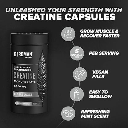 Micronized Creatine Monohydrate Capsules for Muscle Growth & Recovery, Pre & Post Workout, Vegan Creatine, Caffeine Free, Gluten Free, Sugar Free | 25 Servings | 125 Capsules