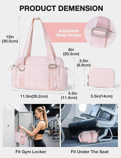 VUUDH Puffy Mini Gym Bag for Women, Carry On Multi-Pocket Water-Resistant Duffel, Lightweight Sports Bag for Fitness, Work, Travel, Daily Commute,Pink