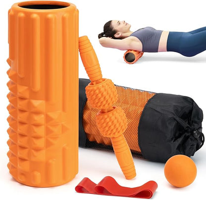 5 in 1 Foam Roller Set, High Density Fitness Exercise Foam Roller for Deep Tissue Muscle Massage, Massage Roller, Massage Ball, Resistance Band, for Whole Body(Orange)