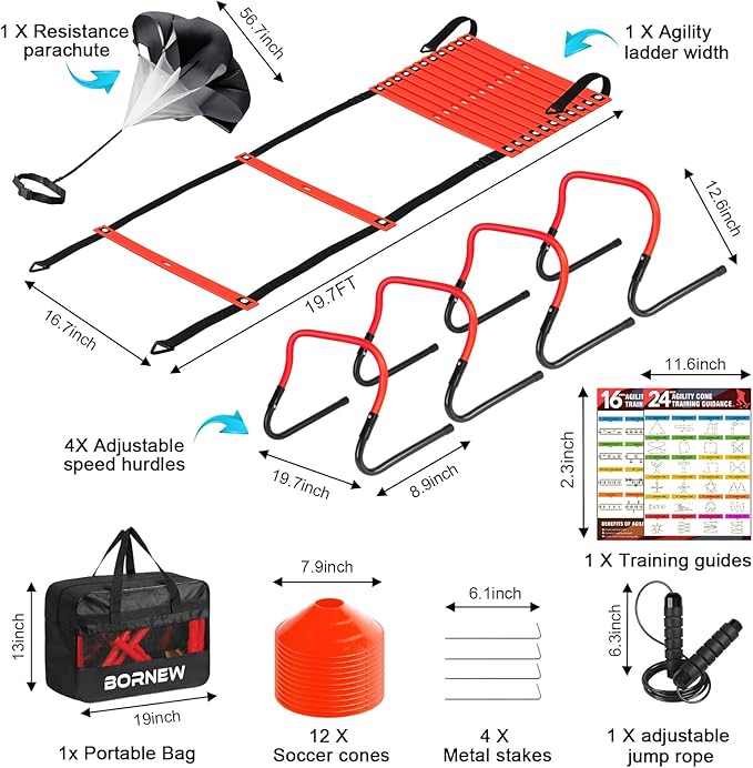 Soccer Training Equipment, Agility Speed Training Set with 20ft Speed Ladder, 12 Cones, 4 Adjustable Hurdles, Jump Rope, Parachute | Ideal for Basketball, Football Practise, for Kids, Youth, Adults