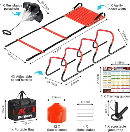 Soccer Training Equipment, Agility Speed Training Set with 20ft Speed Ladder, 12 Cones, 4 Adjustable Hurdles, Jump Rope, Parachute | Ideal for Basketball, Football Practise, for Kids, Youth, Adults