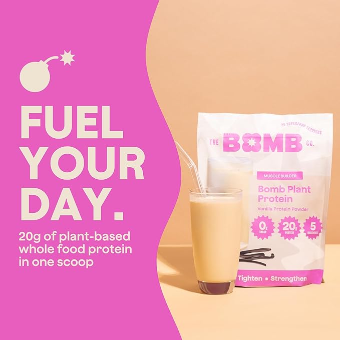 The Bomb Co. Bomb Plant Protein, Protein Powder with 20g Protein, Amino Acids, Zero Sugar, Pea Protein, Chia Seeds, Pumpkin Seeds, Vanilla & Monk Fruit, Gluten Free, Vanilla Flavor, 20 Srvgs