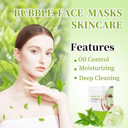 10 Sheets Face Masks Skincare O2 Bubble Green Tea Face Mask, Cleaner Bubble Sheet Masks Foaming Purifying Facial Mask for Pores, Moisturizing Spa Face Masks Skin Care For All Skin Type