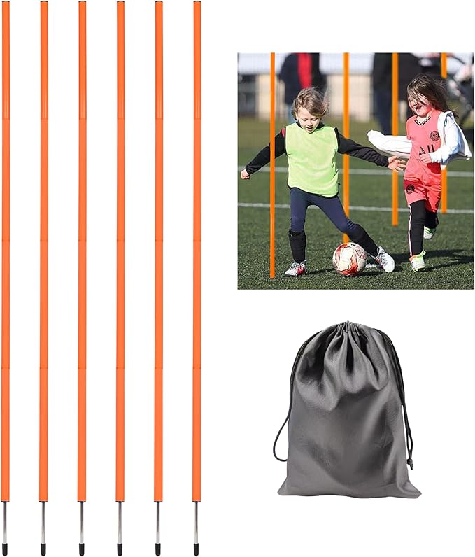 6 Pcs 5FT Adjustable Agility Training Poles for Soccer,Basketball,Football,Dog,Horse Training-Speed and Agility Training Equipment Sports Training Sticks with Stainless Steel Ground Nails