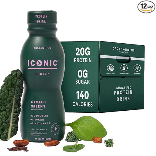 ICONIC Protein Shake, Cacao + Greens (12 Pack) ??20g Grass-Fed Protein Drink ??Low Carb, Sugar