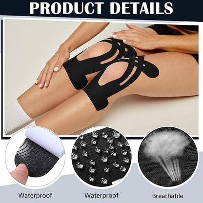 50 Pcs Precut Kinesiology Tape for Knees Pain Relief Elastic Waterproof Athletic Knee Tape for Support Stability Sports(Black)