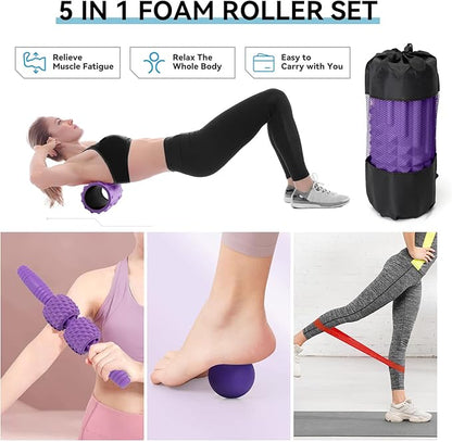 5 in 1 Foam Roller Set, High Density Fitness Exercise Foam Roller for Deep Tissue Muscle Massage, Massage Roller, Massage Ball, Resistance Band, for Whole Body(Purple)