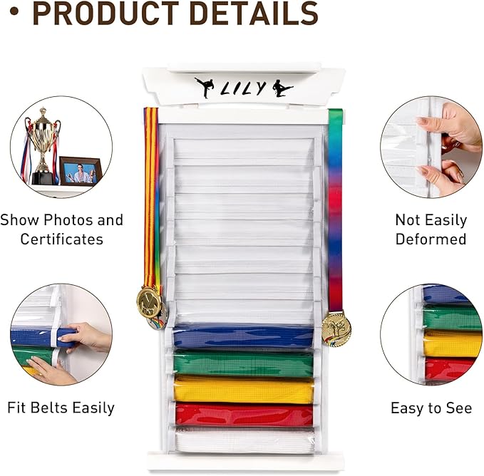 Tilhumt 12/10 Belts Karate Belt Display Rack with Stickers, Taekwondo Belt Display with Trophy/Photo Rack, Felt Dustproof Design, Easy to Put in Belt, Martial Arts Belt Display for Adults
