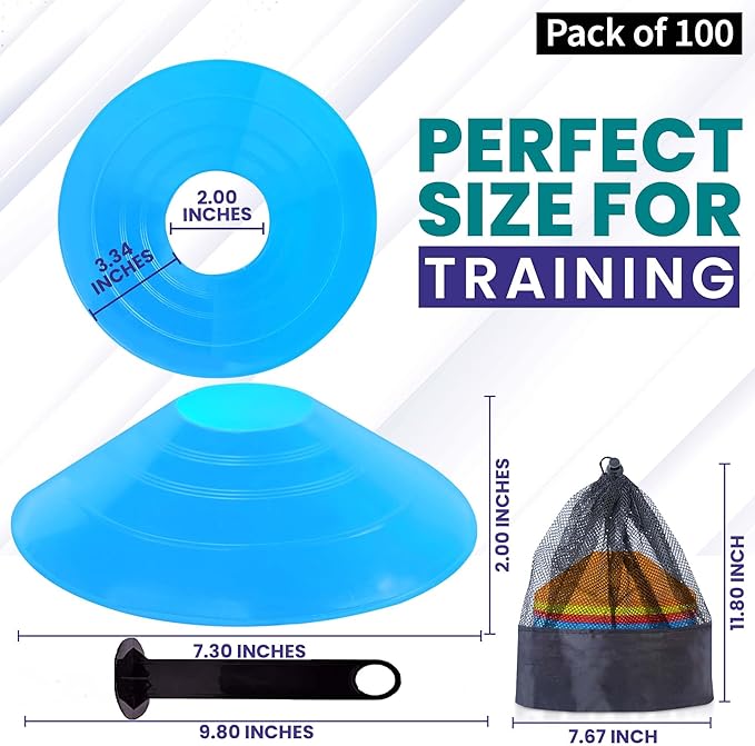 Soccer Cones 100/50/25 Pack with Carry Bag & Holder Five Colors | Agility Disc Cones Set for Training | Sports Practice Equipment for Soccer, Football, Basketball, Coaching & Speed