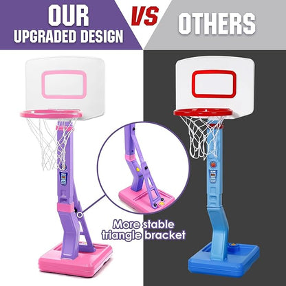 SUPER JOY Toddler Pink Basketball Hoop for Kids 1-3,2-4 5 Years Old, Adjustable Mini Hoop Set for Indoor Outdoor Play, Portable Basketball Goal Sports Toys for Little Boys Girls Birthday Gifts