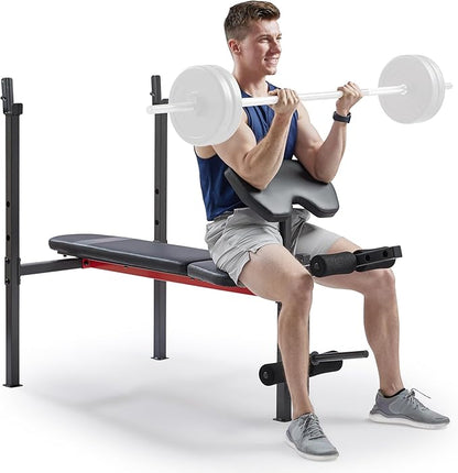 Sunny Health & Fitness Compact Premium Incline Bench Press Bar Rack Set & Optional Leg Extension Developer, Preacher Curl for Solid Strength Training Home Gym