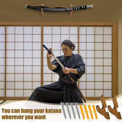 Chunful 2 Pcs Sword Wall Mount Sword Holder Katana Stand 1 Tier Katana Wall Mount Adjustable Hanger Display Wooden Samurai Mounts for Wall Weapon Hanger for Samurai (Brown)