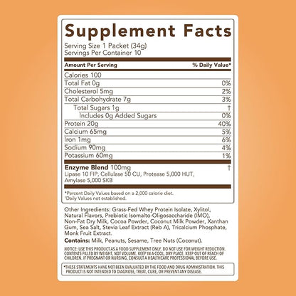 Clean Simple Eats Whey Protein Powder, Chocolate Peanut Butter Flavor Naturally Sweetened, 100% Grass Fed Protein Powder with Digestive Enzymes & No Artificial Ingredients, Gluten Free, 10 Stick Packs