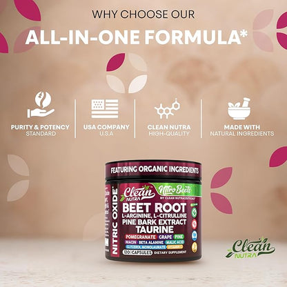 Clean Nutra Organic Beet Root Capsules L Arginine L Citrulline Pine Bark Nitric Oxide Beetroot Powder Arginine Citrulline Supplement Pre Workout Supplements Extract ??120 Vegan Pills