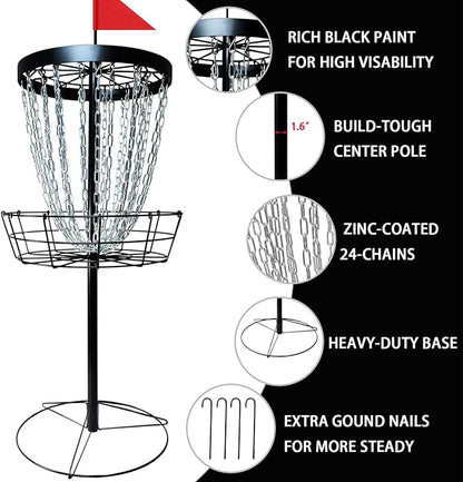 Disc Golf Basket with Discs | Portable Disc Golf Target with Heavy Duty 24-Chains Disc Golf Course Basket, Come with 6pcs Disc Golf Discs with Carry Bag