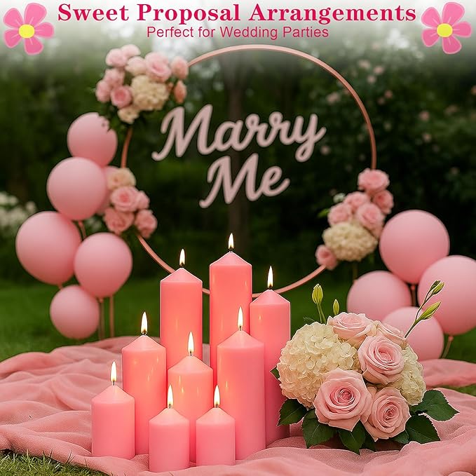 18 Pcs Pink Pillar Candles Bulk Set，Hurricane Candlesï¼? Different Lengths (6 Each)，Dripless Unscented Smokeless，Gives You a Better Atmosphere When Organizing Wedding or Event Party.