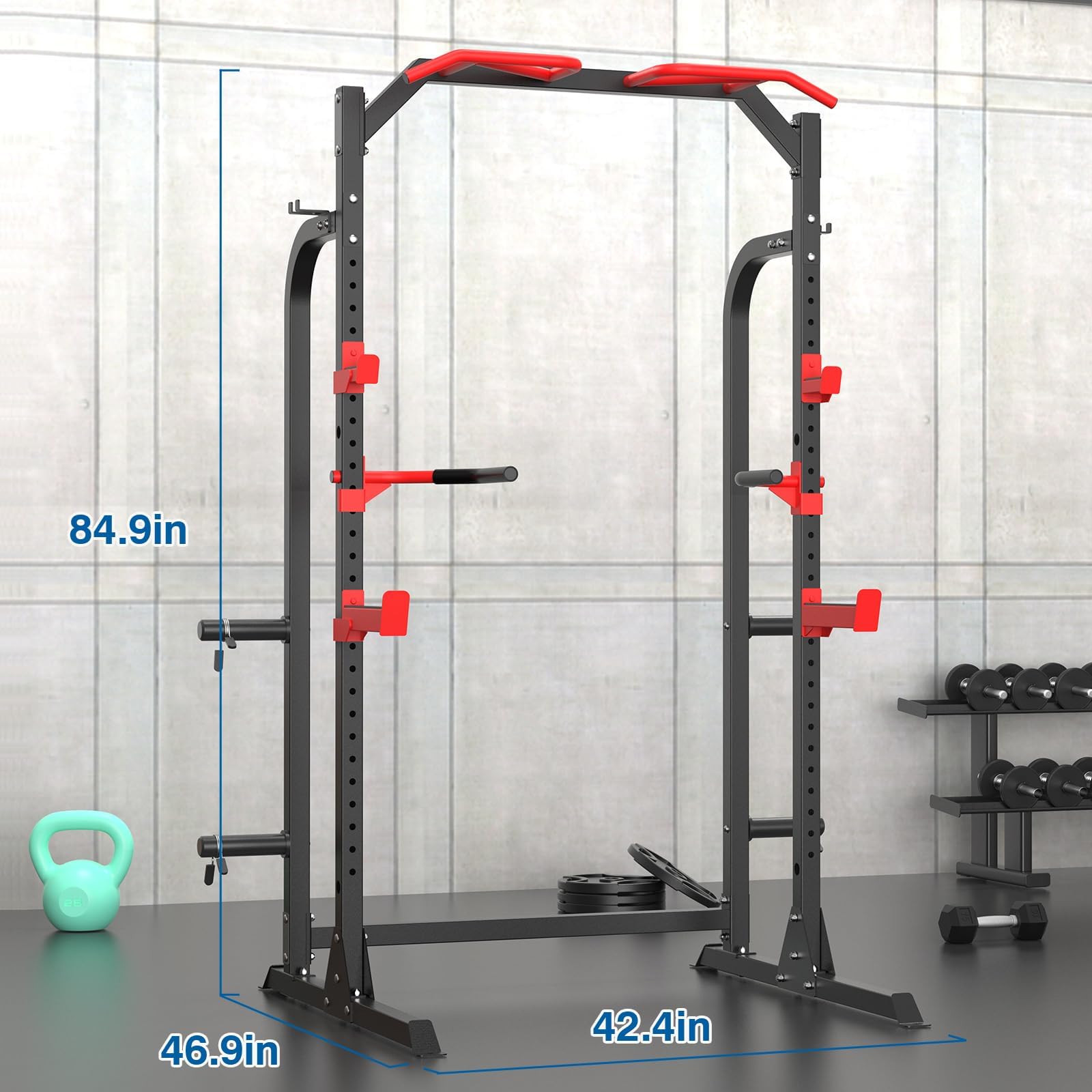 SunHome Power Cage Squat Rack, Multi-Functional Power Rack with J-Hooks, Dip Handles, Weight Plate