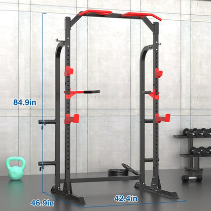 SunHome Power Cage Squat Rack, Multi-Functional Power Rack with J-Hooks, Dip Handles, Weight Plate