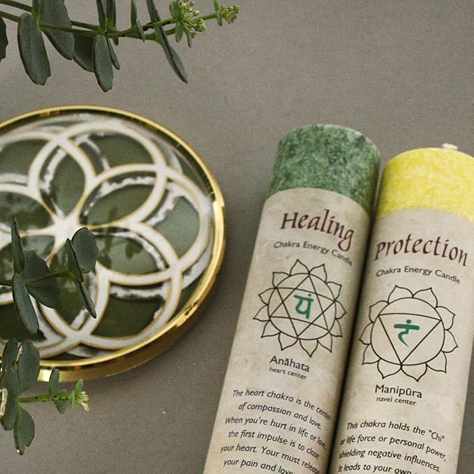 Premium Scented Candle Hand Made Chakra Energy Pillar | 4-Pack | Healing, Anahata | Yoga, Prayer & Meditation Candle | Long Burn 15 Hours | Essential Oils of Lavandin, Orange & Tangerine | Aloha Bay