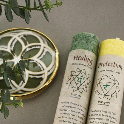 Premium Scented Candle Hand Made Chakra Energy Pillar | 4-Pack | Healing, Anahata | Yoga, Prayer & Meditation Candle | Long Burn 15 Hours | Essential Oils of Lavandin, Orange & Tangerine | Aloha Bay